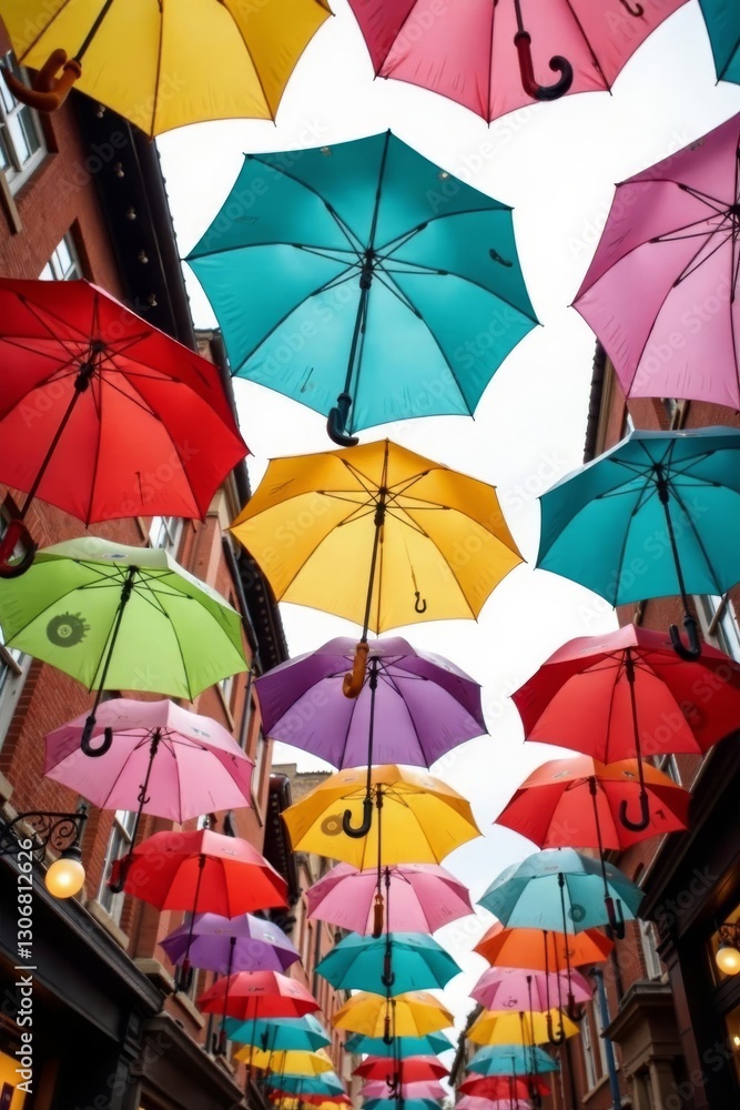 Obraz premium A kaleidoscope of umbrellas against gray skies , weather, wet street