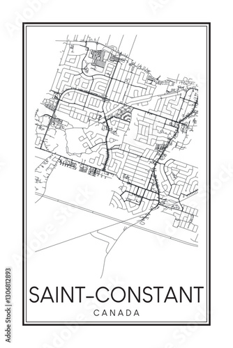 Printable downtown road map poster of the Canadian city of SAINT-CONSTANT on solid white background with city name