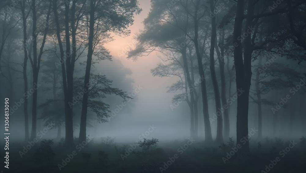 Misty Forest Pathway Shrouded in Fog with a Moonlit Glow and Silhouetted Trees Misty Forest Pathway Shrouded in Fog with a Moonlit Glow and Silhouetted Trees