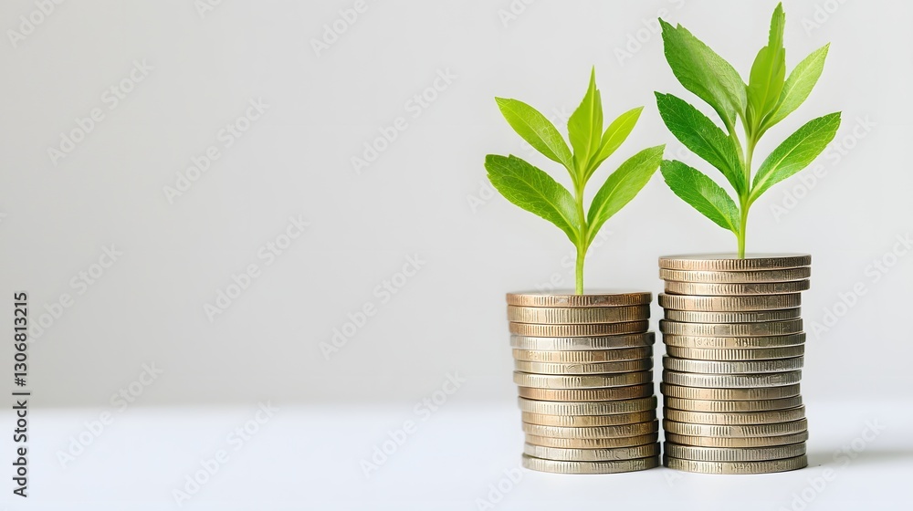 Green Plants Growing from Stacks of Coins Representing Wealth Growth Green Plants Growing from Stacks of Coins Representing Wealth Growth