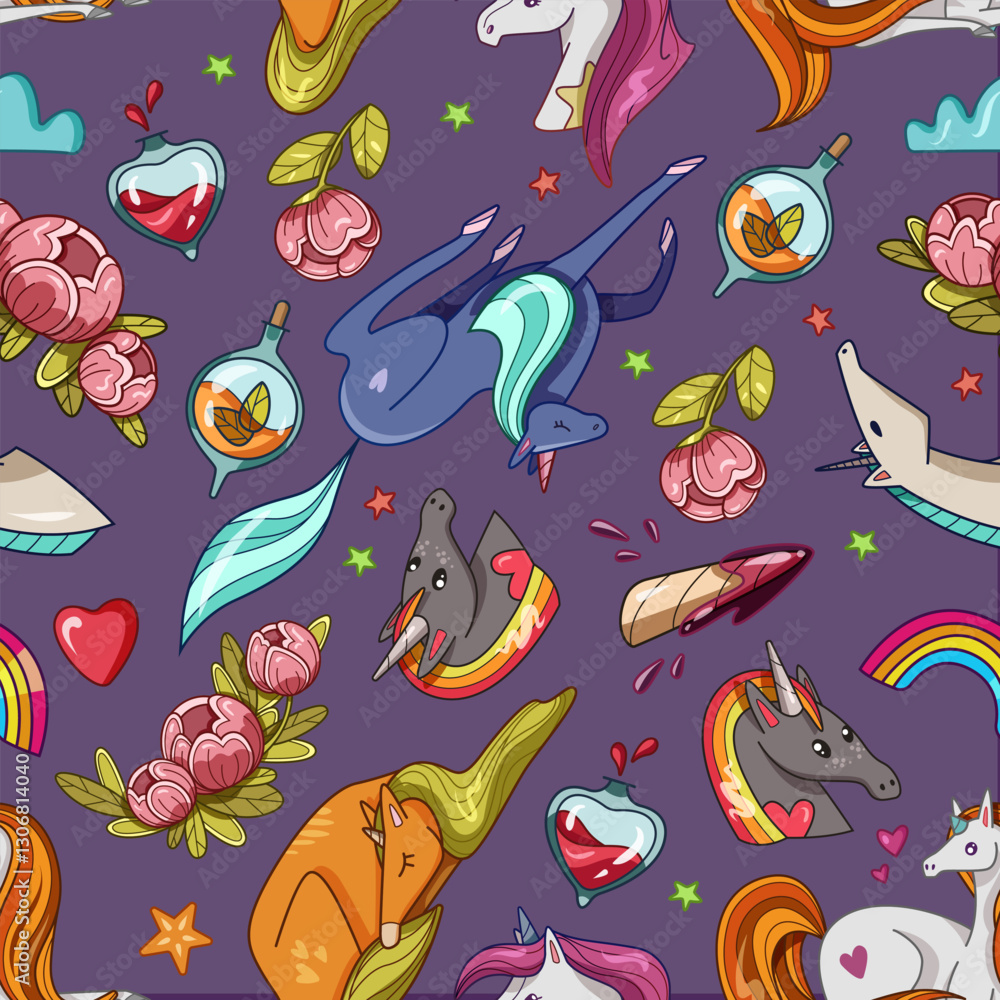 Obraz premium Seamless pattern of various unicorns with different expressions and elements like rainbows and hearts on a violet background