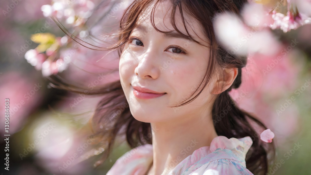 Fototapeta premium 桜を背景に微笑む日本人女性