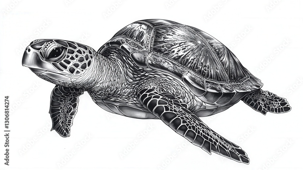 Fototapeta premium Graceful black and white pencil sketch of a sea turtle, poised with a gently tilted head and elongated neck, embodying serene strength in every curve