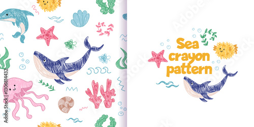 Cute crayon sea pattern, baby animal ocean illustrations, kids doodle scribbles with whale, fish, jellyfish, shrimp naive wax crayon art. Vector Cartoon hand drawn childish sketches