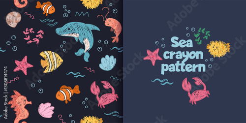 Cute crayon sea pattern, baby animal ocean illustrations, kids doodle scribbles with whale, fish, jellyfish, shrimp naive wax crayon art. Vector Cartoon hand drawn childish sketches