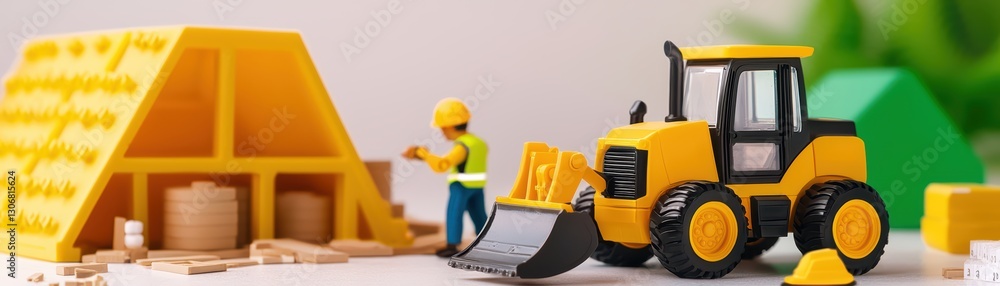 Obraz premium Toy Construction Workers Assembling Large Industrial Machine in Playful Environment