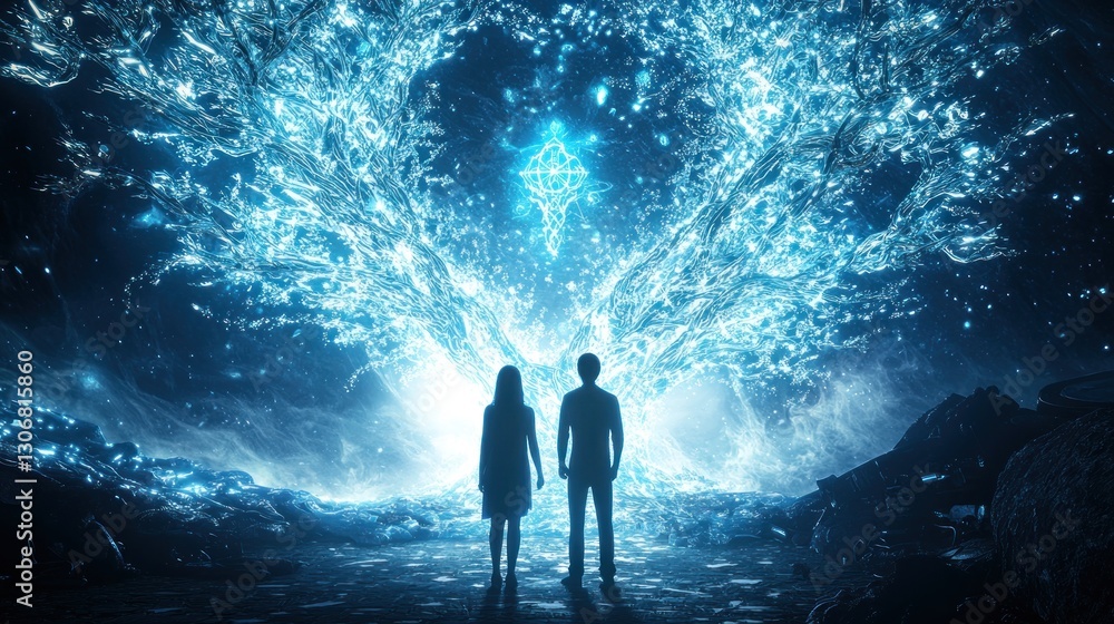 Fototapeta premium Couple silhouetted against a glowing, icy tree.