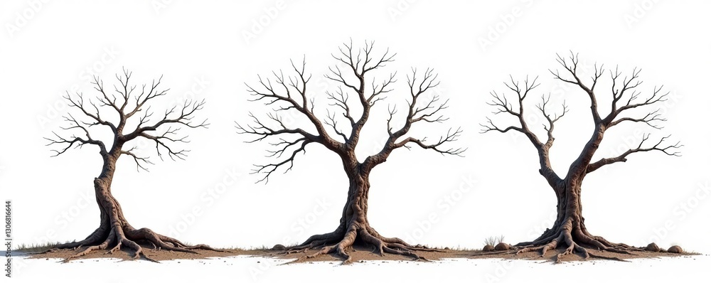 Obraz premium Three bare, decaying trees against a stark white Stages of rot clearly visible , aged, winter, decay