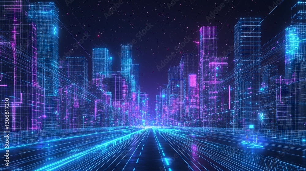 Futuristic cityscape at night, glowing digital lines forming buildings and roads. Futuristic cityscape at night, glowing digital lines forming buildings and roads.
