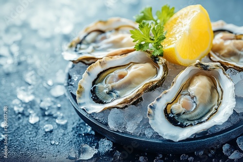 Fresh oysters on ice with lemon and herbs..