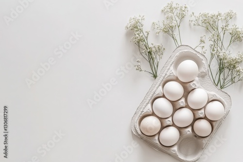 Fresh chicken eggs in pater tray isolated on white background