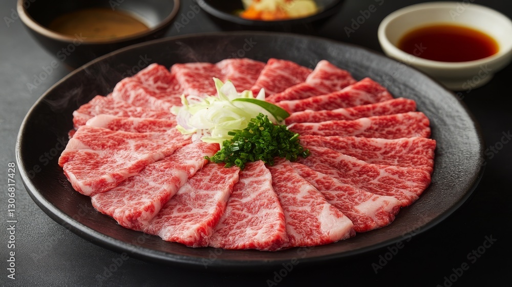 53.A top-down view of thinly sliced raw beef placed artfully on a dark plate with garnishes, next to a steaming hot pot and small bowls of sauces, creating a vibrant and inviting dining scene.