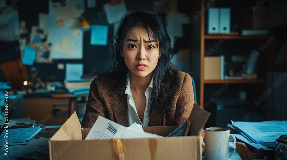 Frustrated businesswoman in cluttered office, unpacking box Frustrated businesswoman in cluttered office, unpacking box