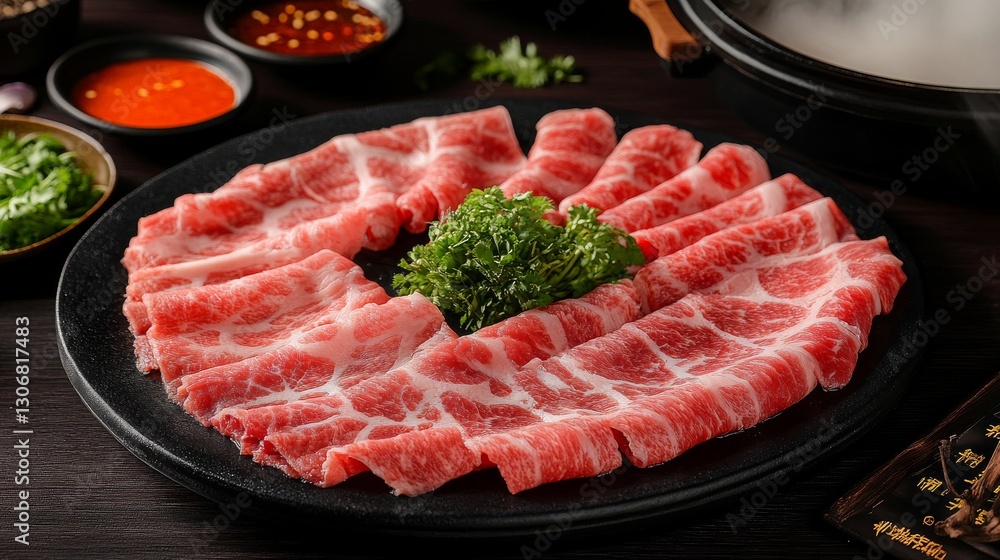 53.A top-down view of thinly sliced raw beef placed artfully on a dark plate with garnishes, next to a steaming hot pot and small bowls of sauces, creating a vibrant and inviting dining scene. 53.A top-down view of thinly sliced raw beef placed artfully on a dark plate with garnishes, next to a steaming hot pot and small bowls of sauces, creating a vibrant and inviting dining scene.