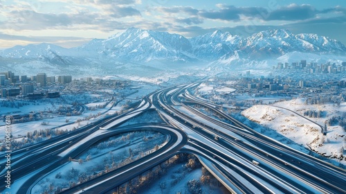 Aerial view of snowy highway interchange near city and mountains.