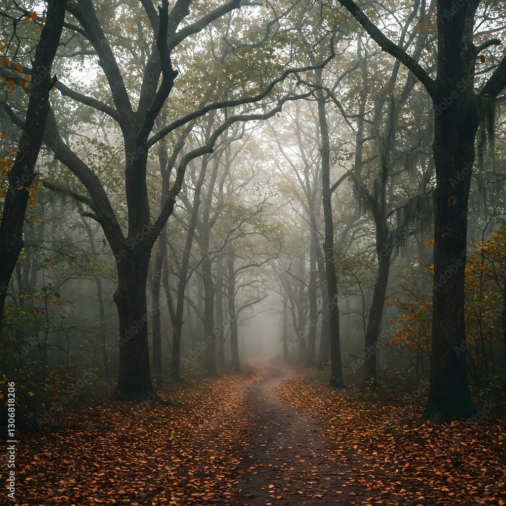 Fototapeta premium Ethereal Path: A Misty Autumn Walk Through the Woods