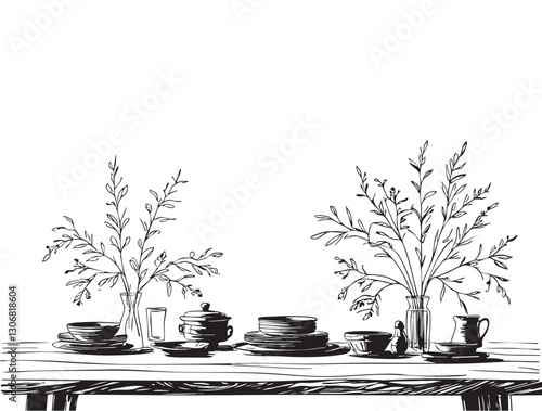 Outline sketch dishes on table