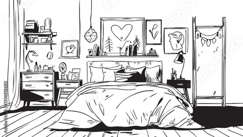 Continuous line drawing of double bed with table and houseplants