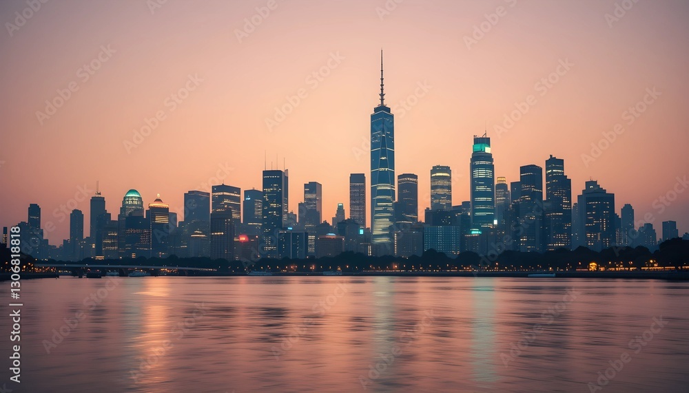 Fototapeta premium Modern Urban Cityscape with Nighttime Skyline and River Reflection