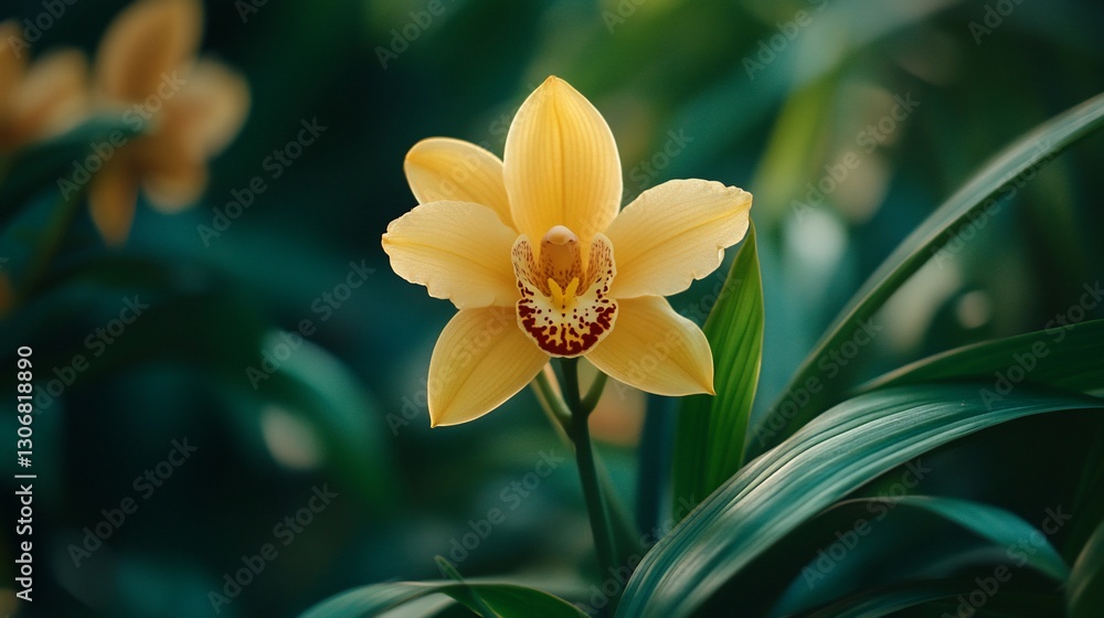 Obraz premium Golden Orchid in Greenhouse, Vibrant Bloom