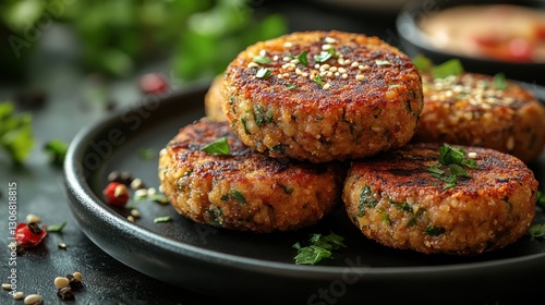 homemade chickpea falafel served with a tahini sesame sauce on a dark plate sunlight and shadows create a rustic and appetizing mood perfect for health focused and vegan themed image