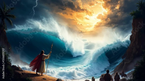 Moses Parts the Red Sea. Video of Israelites Crossing. 4K Footage