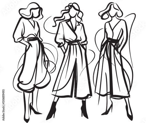 Set of Stylish fashion models. Pretty young girls. Fashion woman Sketch