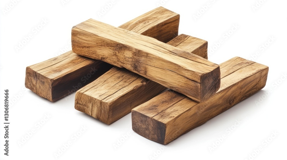 Rustic wooden blocks, studio shot, white background, interior design Rustic wooden blocks, studio shot, white background, interior design