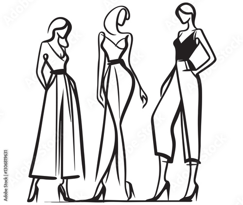 Set of Stylish fashion models. Pretty young girls. Fashion woman Sketch