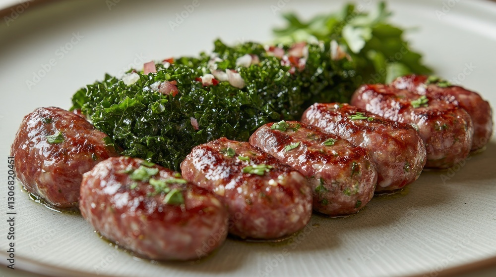 Grilled Meatballs with Kale Salad on Plate Grilled Meatballs with Kale Salad on Plate