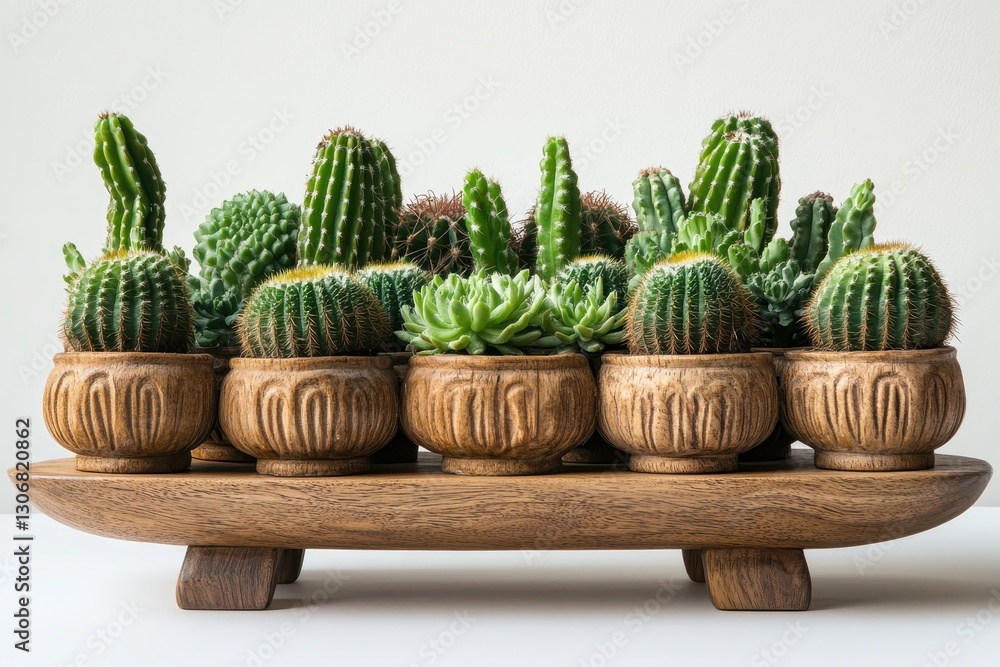 Assorted Cacti and Succulents in Wooden Planter on White Background Assorted Cacti and Succulents in Wooden Planter on White Background