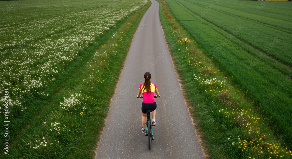 Fototapeta premium Woman cycling on rural path between lush green fields with white wildflowers. Scenic countryside bike ride. Summer outdoor exercise and nature exploration concept