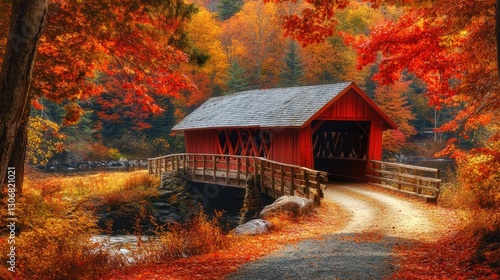 A bright red covered bridge surrounded by vibrant autumn trees with orange and yellow leaves. The picturesque rural setting highlights the charm of fall foliage and a peaceful road. Generative AI