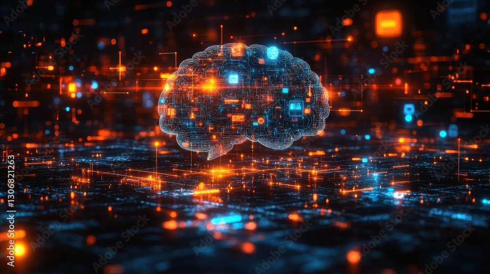Obraz premium illustration of a digital brain with glowing icons representing artificial intelligence and neural networks symbolizing the integration of technology with human thought processes