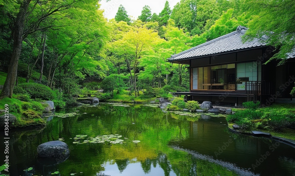 Modern eco-friendly homes by a serene pond in a lush environment. Modern eco-friendly homes by a serene pond in a lush environment.