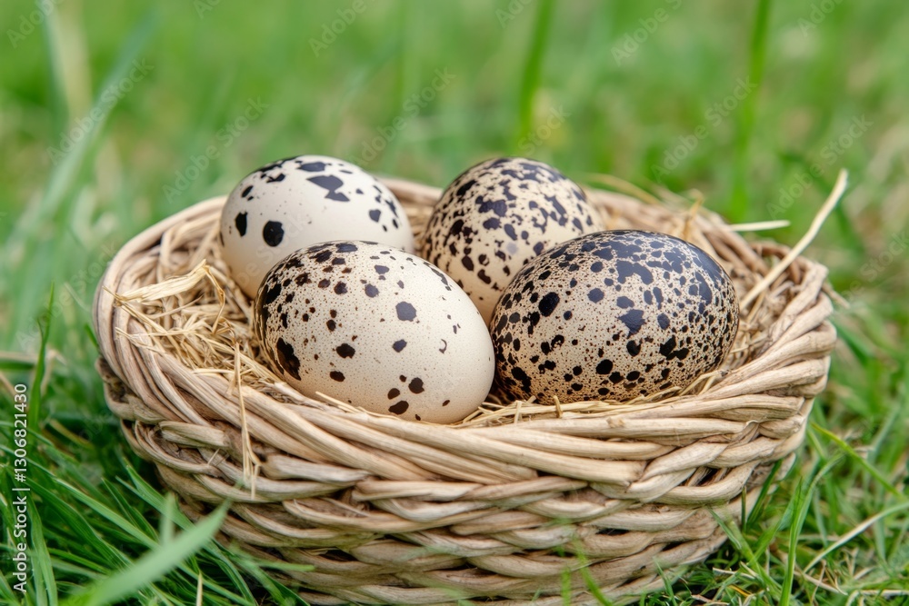 A basket filled with fresh quail eggs, their speckled shells resting on a bed of straw A basket filled with fresh quail eggs, their speckled shells resting on a bed of straw