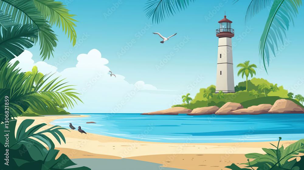 Lighthouse on the island in the ocean, seabirds flying in the sky, perfect summer vacation travel destination, flat travel illustration, landscape poster, travel poster Lighthouse on the island in the ocean, seabirds flying in the sky, perfect summer vacation travel destination, flat travel illustration, landscape poster, travel poster