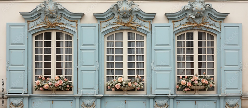 Fototapeta premium Elegant blue windows adorned with floral arrangements in a charming historical setting