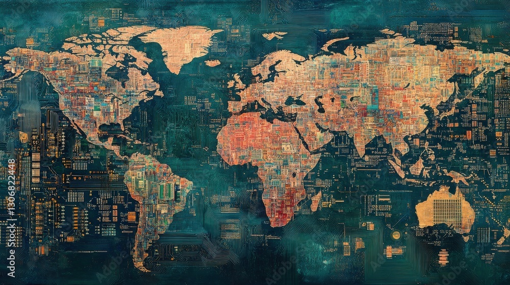 Fototapeta premium World map constructed from intricate circuit board patterns, highlighting the role of electronic components in global trade and the expanding electronics market. A visual metaphor for technological ex