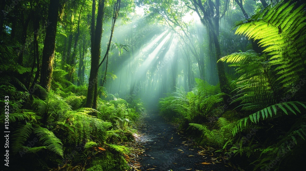 Scenic Pine Forest Path with Green Trees and Lush Vegetation