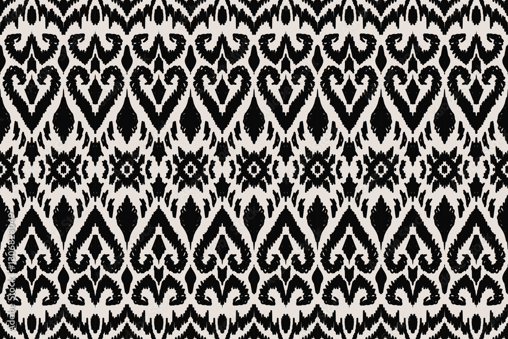 Ikat black blue white vector pattern, ethnic embroidery style, hand draw painting, fabric abstract. Ikat black blue white vector pattern, ethnic embroidery style, hand draw painting, fabric abstract.