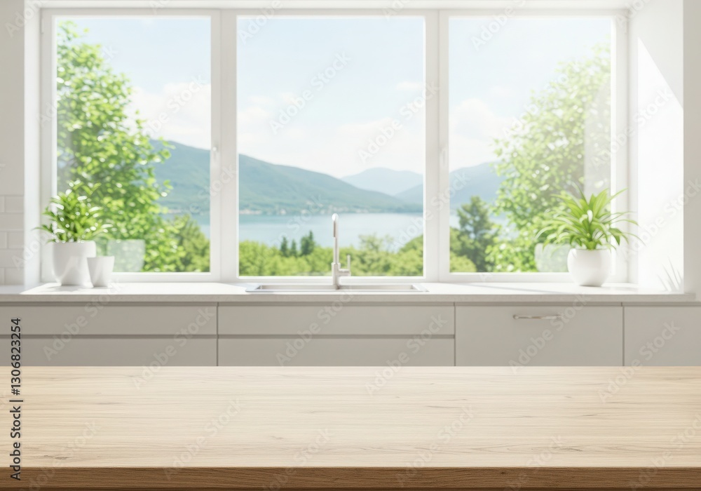Fototapeta premium Modern kitchen mockup table interior in a luxury home with stylish design, windows, furniture, and a spacious layout