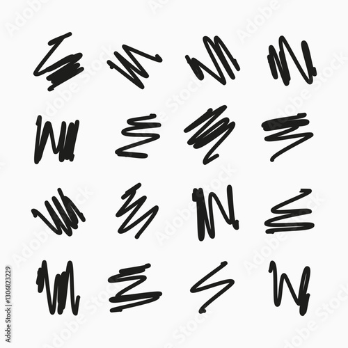 Scribble with a black marker. Set of nine doodle style various scribbles. Black hand drawn design elements on white background. Vector illustration	

