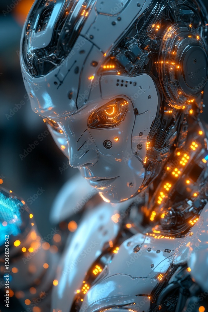 Robot Contemplation: Close-up of a Future Humanoid with Glowing Eyes and Intricate Mechanical Details. Robot Contemplation: Close-up of a Future Humanoid with Glowing Eyes and Intricate Mechanical Details.