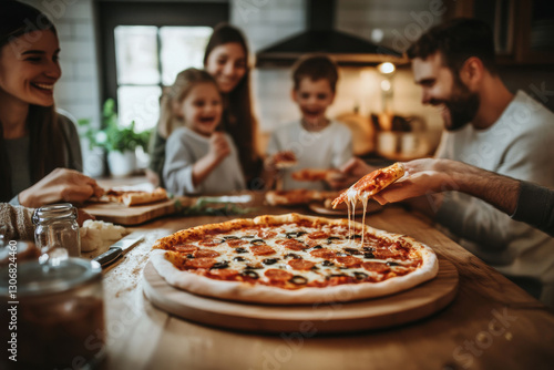 A family enjoying a homemade pizza night in their cozy kitchen, laughter and warmth