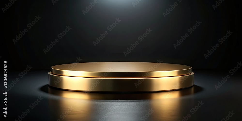 Luxury product presentation: a 3D-rendered gold round podium, elegantly displayed against a black background, in panoramic view.