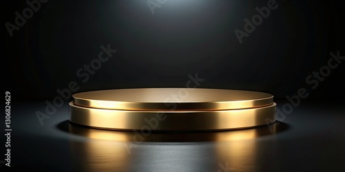 Obraz na płótnie Luxury product presentation: a 3D-rendered gold round podium, elegantly displayed against a black background, in panoramic view. w salonie