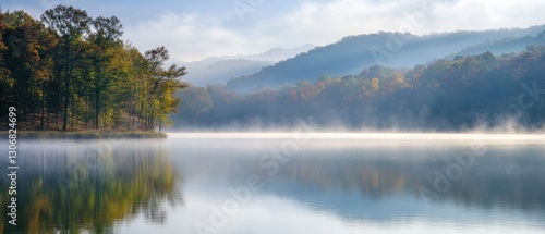 Serene Morning Landscape with Mist Over Calm Lake Surrounded by Lush Forest and Rolling Hills in a Tranquil Nature Setting at Dawn