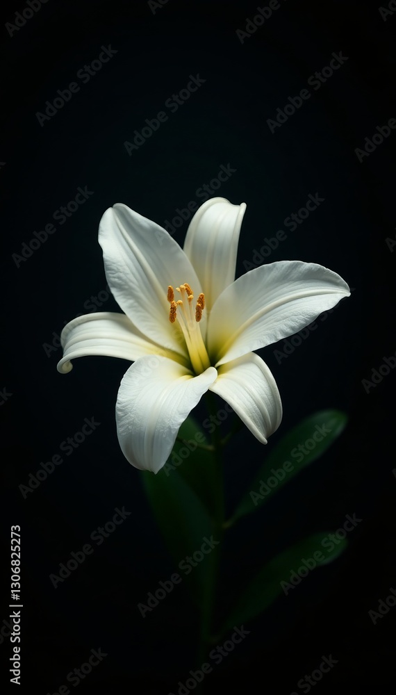 Fototapeta premium Elegant white lily flower against dark background in dramatic lighting, delicate, bloom, garden