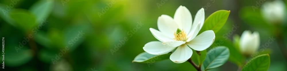 Elegant white magnolia blossoms contrasting with green leaves in a garden setting, white, flowers Elegant white magnolia blossoms contrasting with green leaves in a garden setting, white, flowers